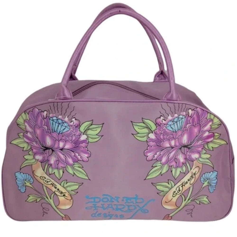 2000s Y2K Vintage Ed Hardy Purple Floral Travel Tote Bag
